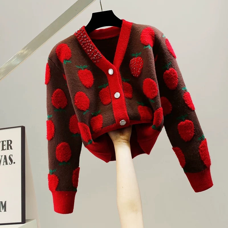 Heavy industry red diamond-encrusted cute strawberry jacquard craft color-blocked thickened short sweater with temperament and age-reducing slimming top