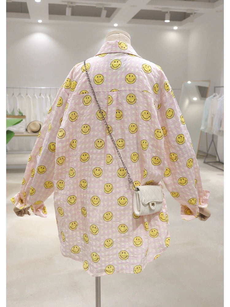 Breathable full body small smiley face printing 2024 summer loose medium and long cotton thin plaid long-sleeved shirt for women