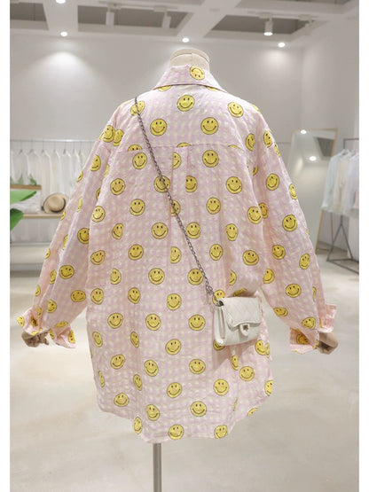 Breathable full body small smiley face printing 2024 summer loose medium and long cotton thin plaid long-sleeved shirt for women