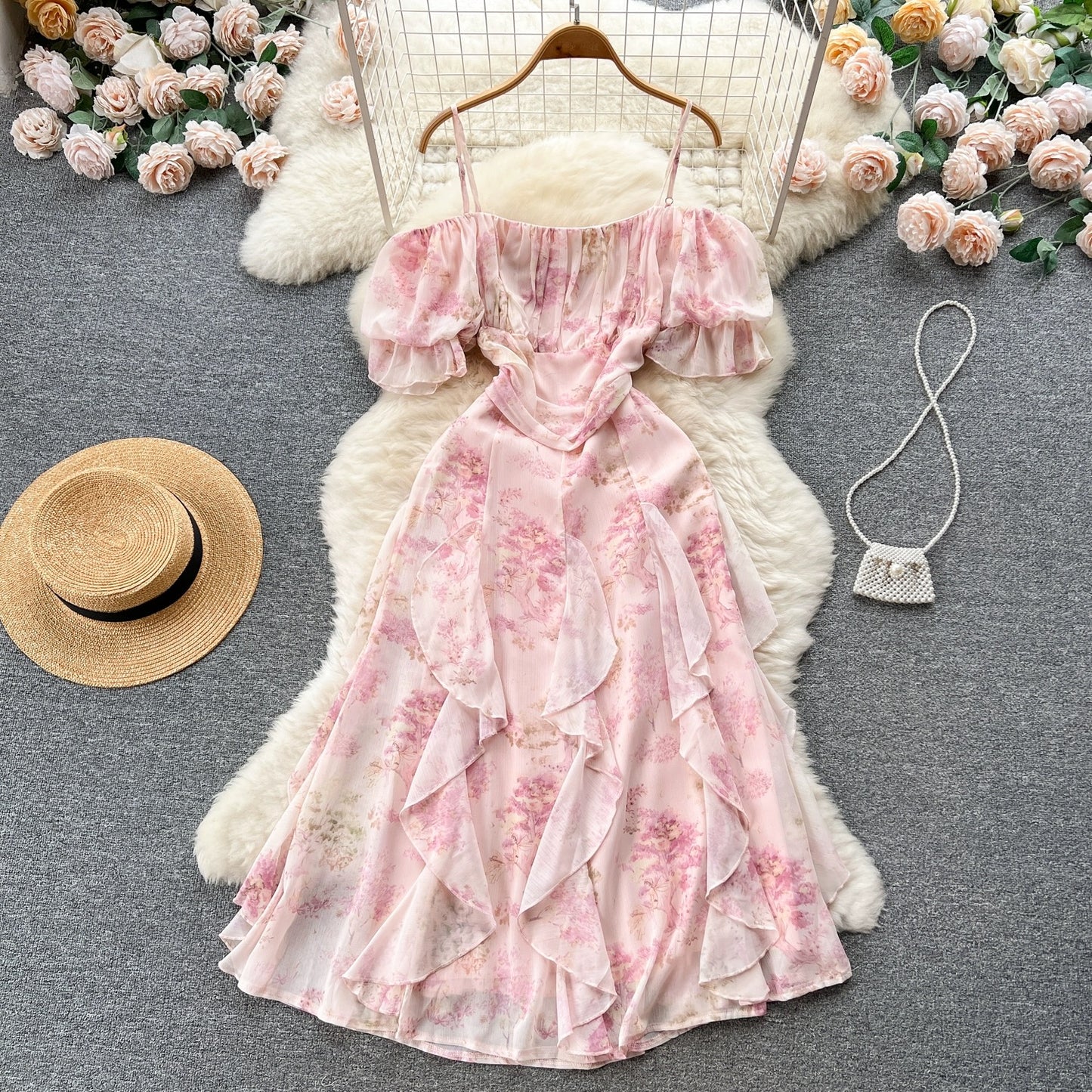 2023 Summer New Sweet Floral Dress Women's French Tea Break Off-Shoulder Straps Irregular Fairy Long Skirt