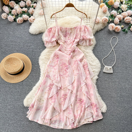 2023 Summer New Sweet Floral Dress Women's French Tea Break Off-Shoulder Straps Irregular Fairy Long Skirt