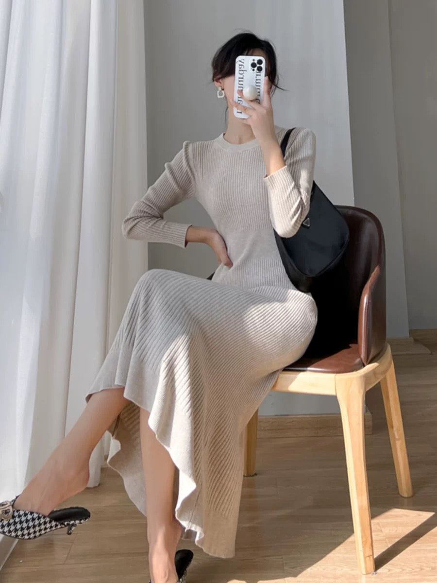 Elegant and temperamental knitted dress for women in autumn and winter, slim and slim fit with coat, over-the-knee ruffled sweater skirt
