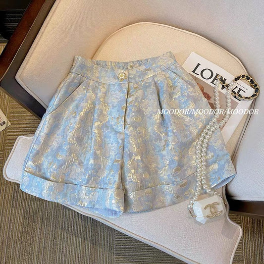 Flower print small fragrant wind shorts women's summer 2023 new wide-legged thin high-quality high-waisted casual pants