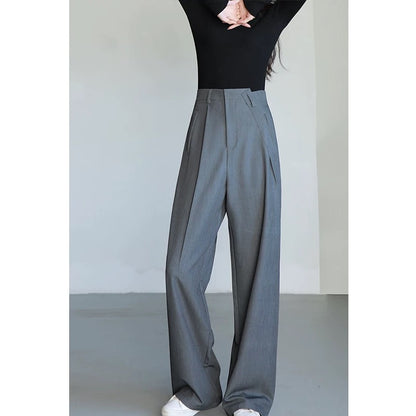 YUYUYAN autumn and winter design suit wide-leg pants women's high-waist drape old money style straight floor-length trousers gray
