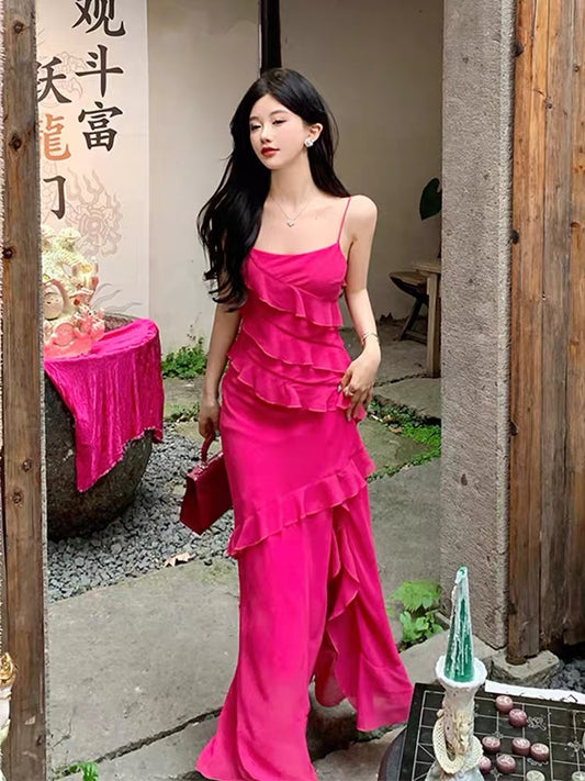 French sling dress fairy summer ruffles high-end sexy open back seaside holiday wind beach long skirt