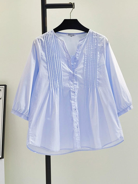 Blue A-line babydoll shirt for women 2024 summer fashion stand-up V-neck pullover pleated shirt three-quarter sleeve shirt top