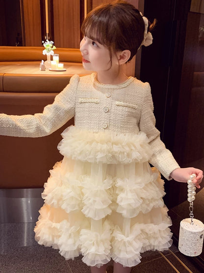 Girls Dresses Winter Wear 2023 New Style Children's Plush Cake Skirt Girls Small Fragrance Mesh Princess Dress