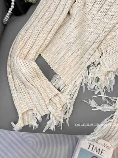 Autumn new design irregular retro versatile slim hole tassel slit round neck sweater women's top (B2212)