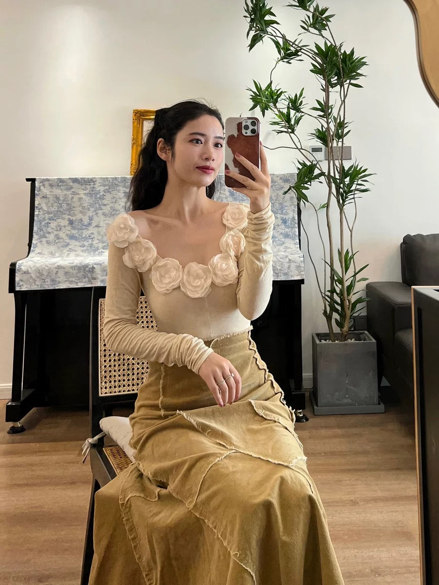 sorozien peony moth orchid original flower skin-friendly long-sleeved bottoming shirt women's slim T-shirt inner top