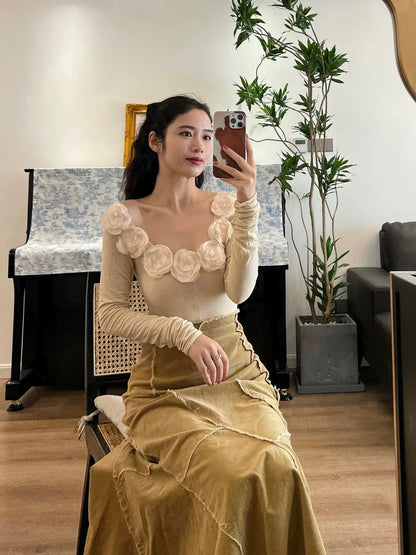 sorozien peony moth orchid original flower skin-friendly long-sleeved bottoming shirt women's slim T-shirt inner top