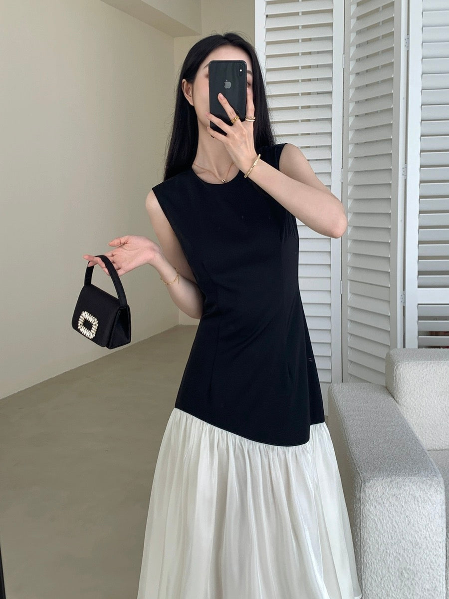 FT GUOGE black dress female 2024 summer new French style waist slim contrast color sleeveless long dress