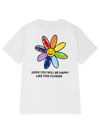 Summer new rainbow smiley sun print short-sleeved T-shirt for men and women 2024 loose couple trendy super hot T-shirt