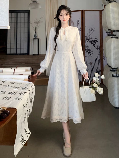 Plus size women's new Chinese style improved ancient style cheongsam dress women's autumn and winter slim lace temperament mid-length dress trendy