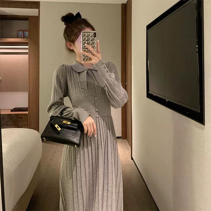 Winter French style gray knitted skirt bottoming dress with coat women's doll collar autumn and winter long skirt