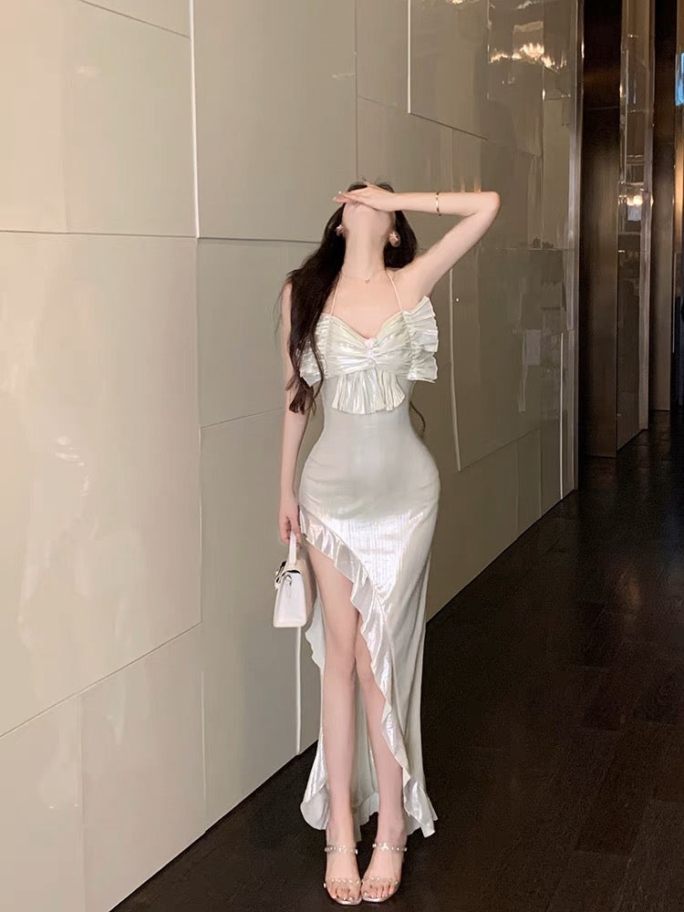 Pure lust style slit halterneck long skirt for women, summer temperament, socialite slim fit, first love dress, fairy style, super fairy style