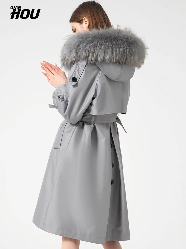 Parker Women's 2023 New Winter Rex Rabbit Fur Integrated Liner Medium Long Style Popular Young Fur Jacket Coat