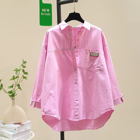 Design sense medium and long rose red shirt female 2024 spring and autumn new Korean version loose casual shirt long-sleeved top