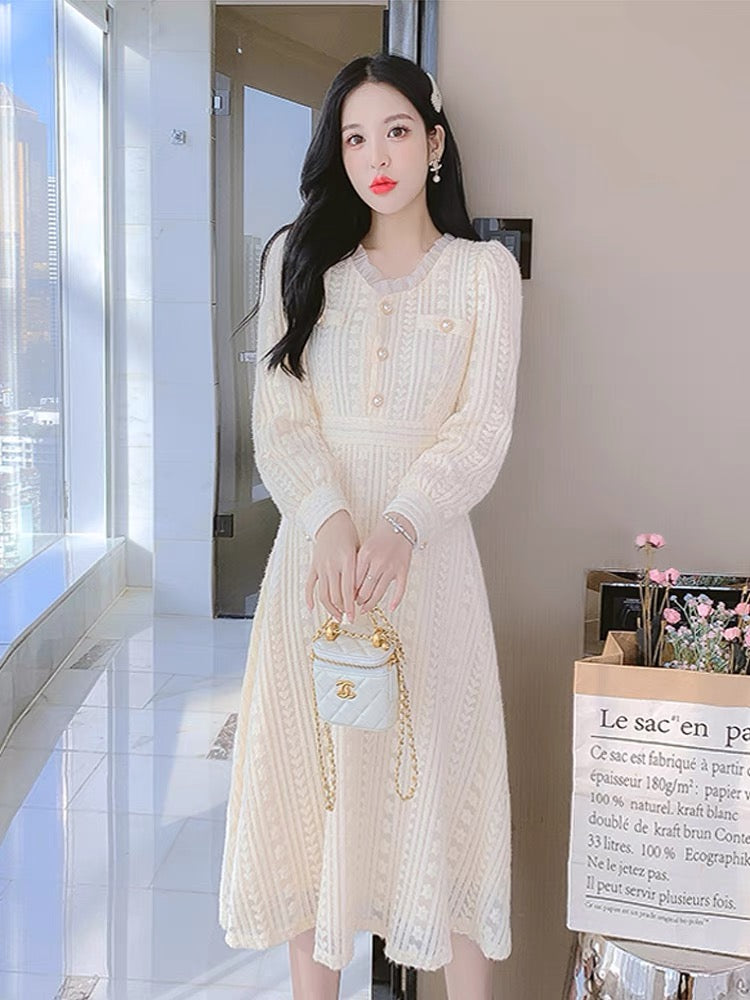 Lace dress with coat, women's autumn and winter waist-cinching inner skirt, winter style velvet thickened fairy long skirt (S3338)