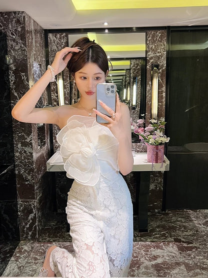 Better LS Royal sister fashion suit female three-dimensional flower tube top + lace wide-leg trousers high-end two-piece suit female summer