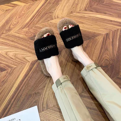 Fur shoes women's winter outer wear 2023 new fashion lamb wool comfortable and versatile thick bottom one-shaped letter trendy drag