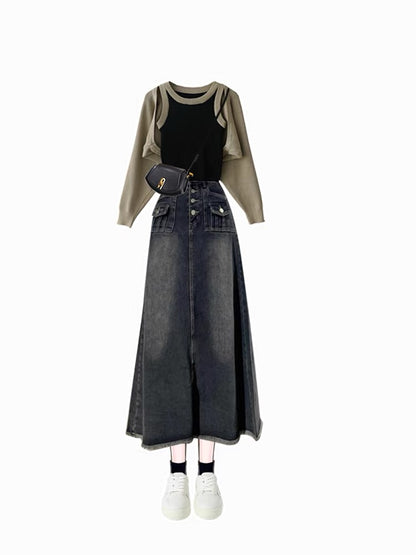 Old money style dress 2023 autumn new style small suspender belt and blouse slimming denim skirt three-piece set