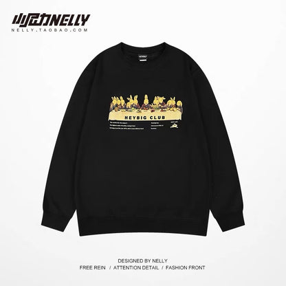 American vibe high street round neck pullover sweatshirt for men in autumn trendy brand retro hip-hop style loose and versatile velvet top