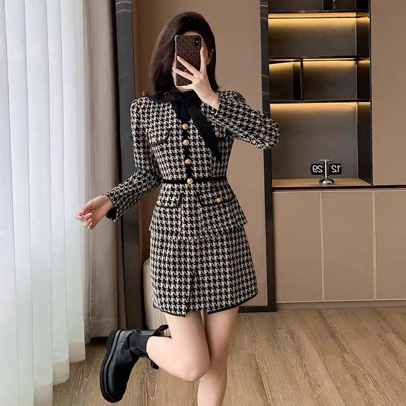 2023 new autumn and winter women's French style high-end fake two-piece houndstooth dress women's waist skirt