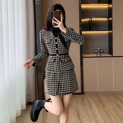 2023 new autumn and winter women's French style high-end fake two-piece houndstooth dress women's waist skirt