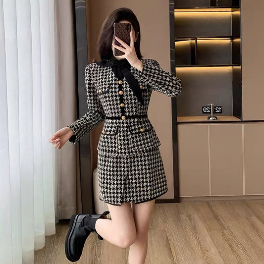 2023 new autumn and winter women's French style high-end fake two-piece houndstooth dress women's waist skirt
