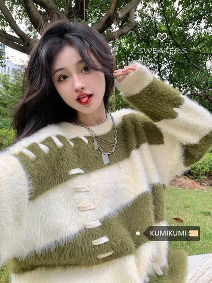 Lazy design plush knitted sweater top 2023 autumn and winter women's pullover thickened mink velvet striped sweater