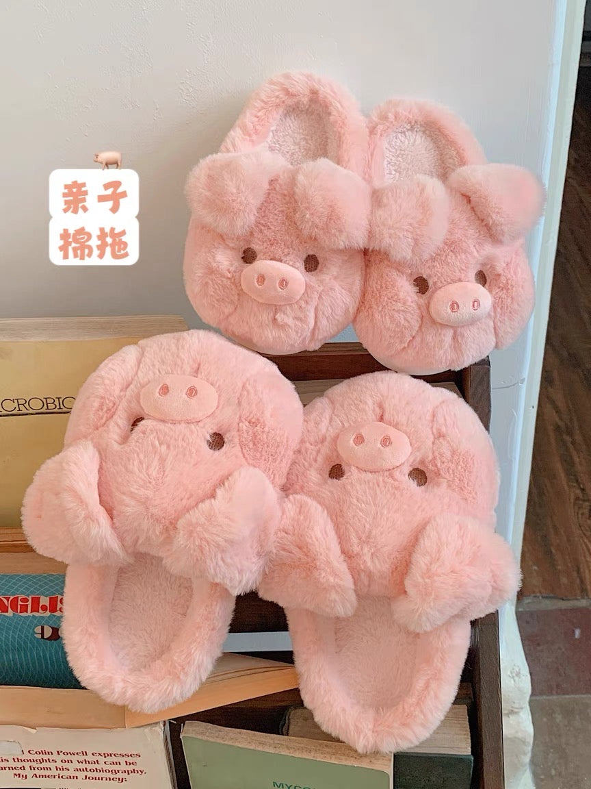 Thin strips of girly cute piglet cotton slippers for women winter soft-soled non-slip parent-child home plush confinement shoes