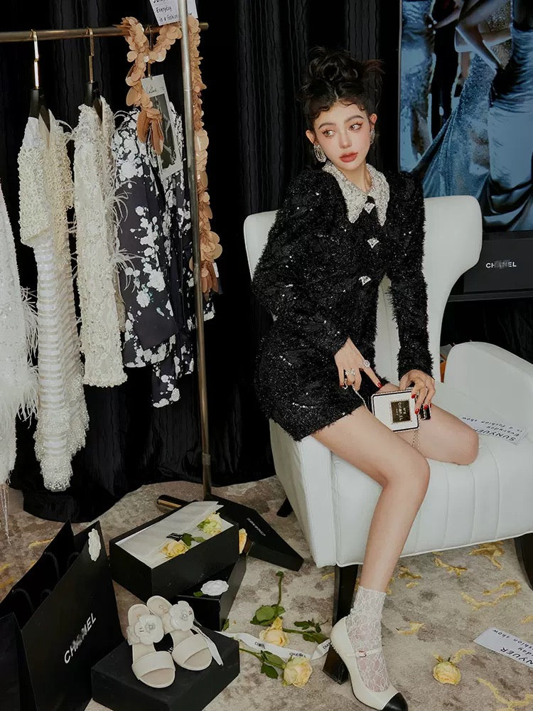 Sun Yuer's noble and broken dream Galaxy high-definition bright silk material hand-drilled lapel shape rhinestone buckle waist dress