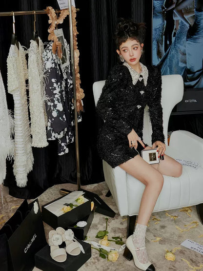 Sun Yuer's noble and broken dream Galaxy high-definition bright silk material hand-drilled lapel shape rhinestone buckle waist dress