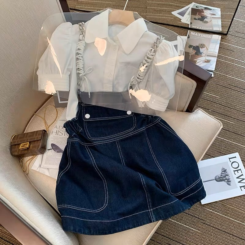 Fashion suit summer style 2023 new design sense niche white shirt + high waist thin suspender skirt two-piece set