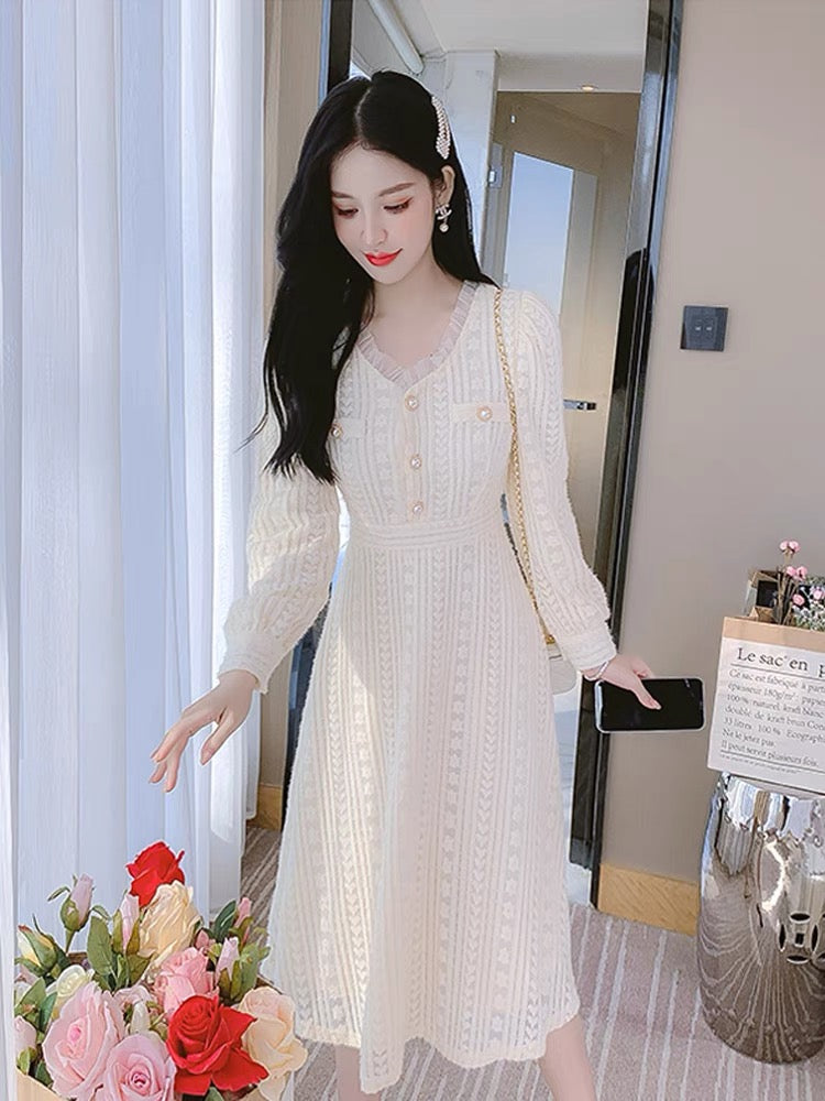 Lace dress with coat, women's autumn and winter waist-cinching inner skirt, winter style velvet thickened fairy long skirt (S3338)