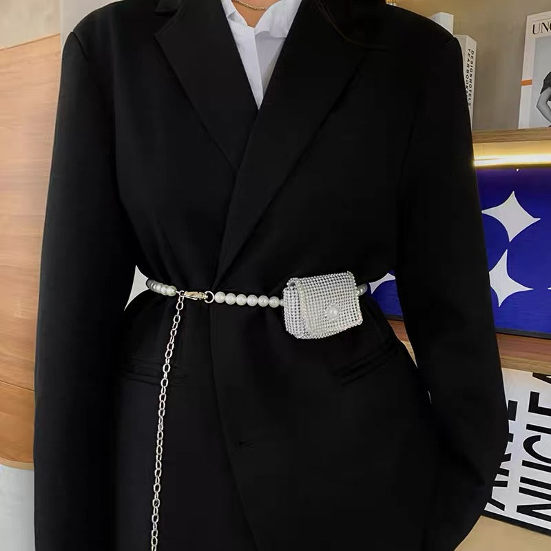 Pearl waist chain women's French decorative dress suit chain rhinestone waist bag student versatile fashionable temperament belt