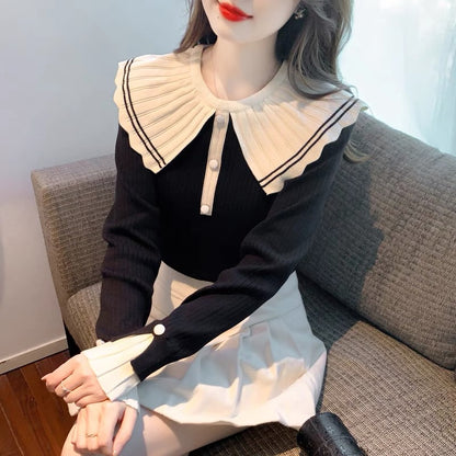 Baby doll collar long-sleeved sweater sweater for women 2023 new autumn and winter versatile small fragrance style slim bottoming shirt top