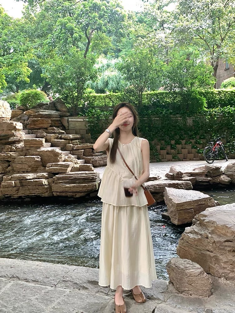 Wu 77 fake two-piece cool Zen dress female imitation Tencel round neck new Chinese style sleeveless vest skirt female summer