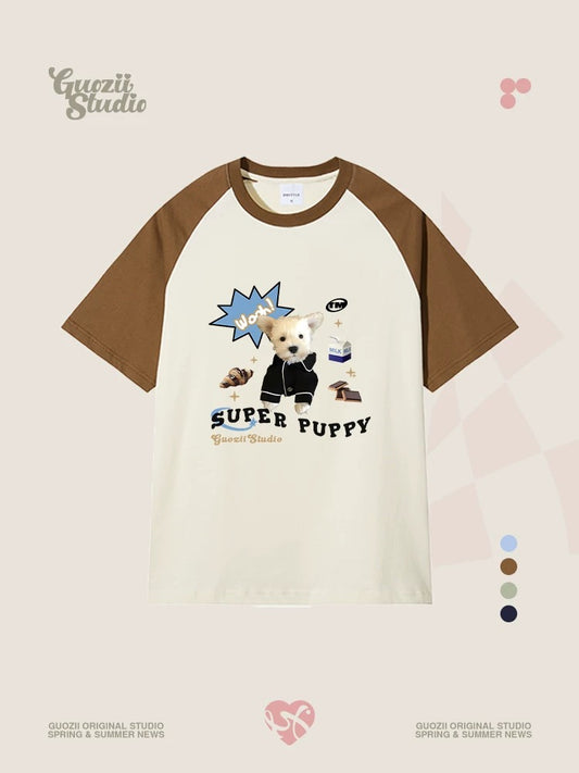 Guozii cute puppy raglan short-sleeved T-shirt female original design small oversize pure cotton top summer