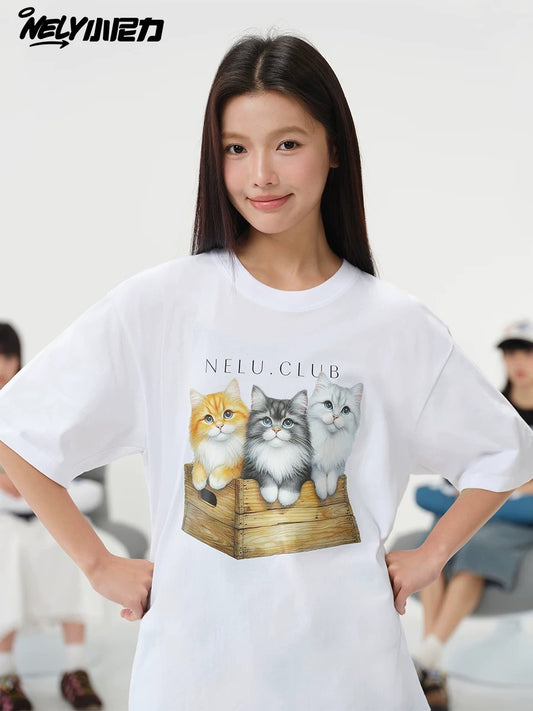 American cartoon cat print round neck short sleeve men and women summer 2025 couple pure cotton t-shirt half sleeve bottoming shirt trend