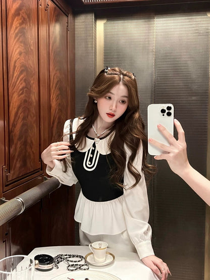 Q Girl's Lady Bird/French Doll Collar Contrast Color Skirt Shirt Women's 2024 Spring New Chic Top