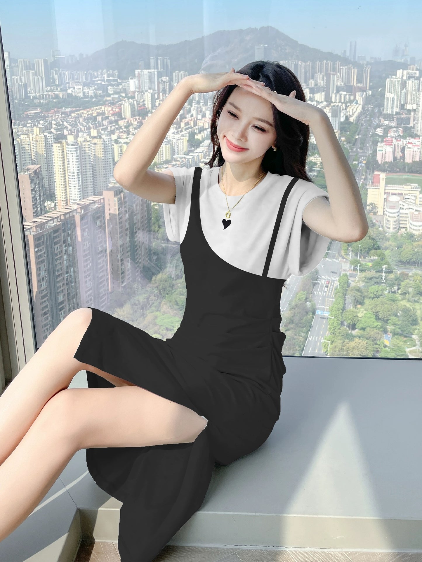 Black dress women's summer fake two-piece long skirt casual niche skirt summer women 2024 new small