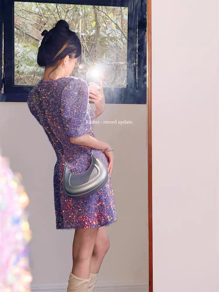 French platycodon Hepburn style bright sparkling puff sleeve dress women's summer light luxury style high-end short skirt
