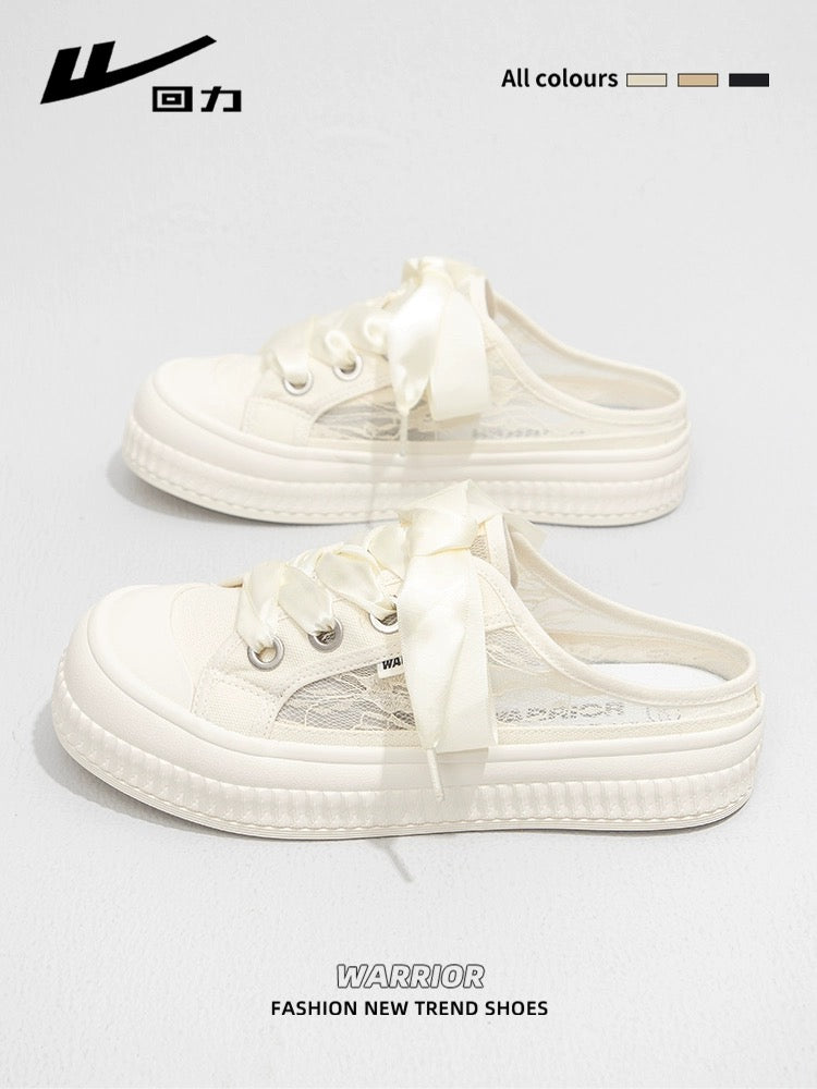 Pull back lazy one-legged Baotou half-slippers for women 2024 spring new mesh breathable canvas shoes casual sneakers