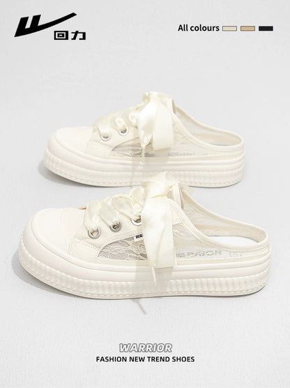 Pull back lazy one-legged Baotou half-slippers for women 2024 spring new mesh breathable canvas shoes casual sneakers