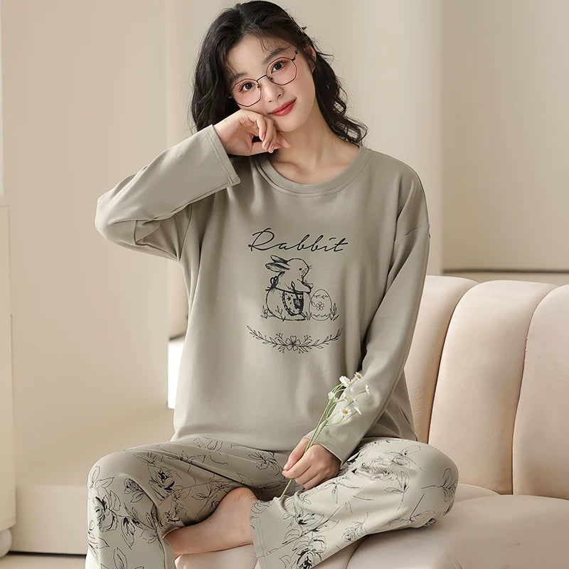 Pajamas for women Spring and Autumn 2024 new long-sleeved cotton large size summer cute autumn and winter home clothes suit