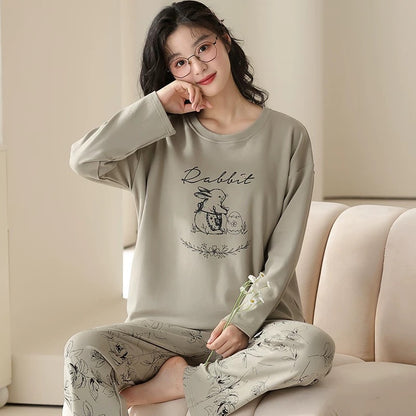 Pajamas for women Spring and Autumn 2024 new long-sleeved cotton large size summer cute autumn and winter home clothes suit