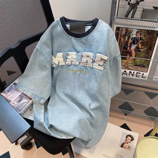 Guochao American oversize high street washed denim letter embroidery t-shirt female hiphop shoulder short-sleeved top