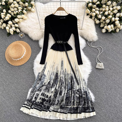 Hepburn style French early autumn fashion dress women's waist slimming ink painting printed splicing knitted pleated long skirt (S0995)