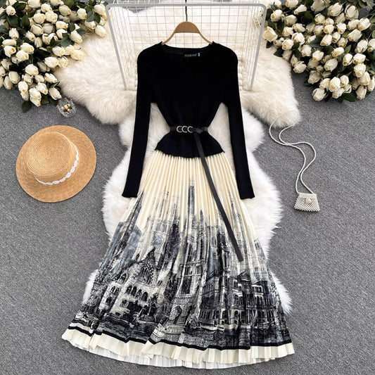 Hepburn style French early autumn fashion dress women's waist slimming ink painting printed splicing knitted pleated long skirt (S0995)
